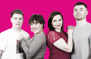 A photograph of Luke Devaney, Katelyn Ressler, Sinead Conway and Warren McCook against a bright pink background.