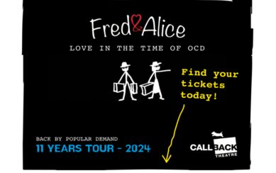 On a black background two stick figures in the centre holding hands, above them the words "Fred & Alice, Love in the times of OCD". Next to the figures is an arrow pointing down. On the bottom the logo of CallBack Theatre.