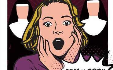 An illustration of a blonde woman making a shocked face. Behind her on both sides are illustrations of nuns wearing habits.