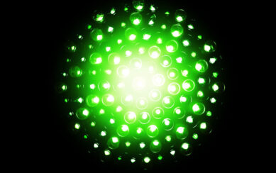 A circle of LED lights in shades of green