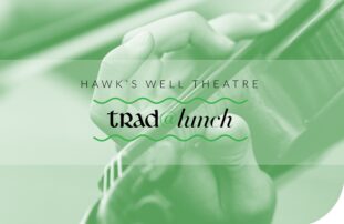 Cover of Trad at Lunch lunchtime sessions with close-up image of a hand on a violin 