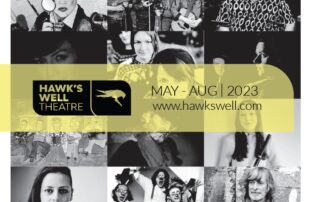 Cover of Brochure 23 with a collage of images of all events and shows from May to August 2023 with the Hawk's Well Theatre's logo and website