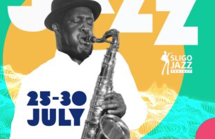 Tony Kofi plays the saxophone in front of a green and yellow jazz-inspired graphic design