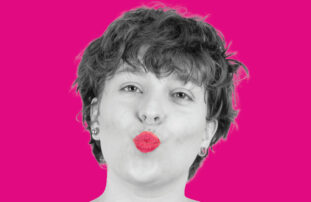 A black and white photograph of Katelyn Ressler blowing a kiss. The background and highlight of her lips are bright pink.