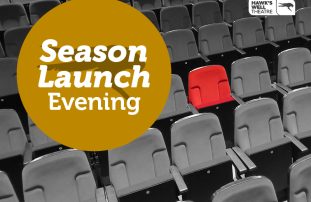 A black and white photograph of theatre seats with one highlighted in pink. At the top left is a dark yellow circle with the text "Season Launch evening" in white letters. 
