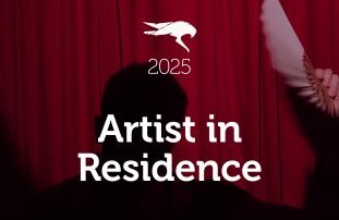A shadow of a person against a red curtain. In the foreground is the text "Artist in Residence"