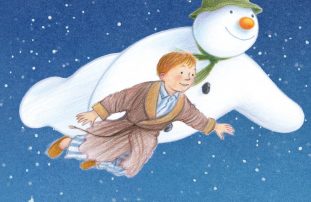 The cover image of Hawk's Well Theatre's autumn brochure. It features an illustration of a snowman and a young boy in a robe and pyjamas flying over a snowy landscape.