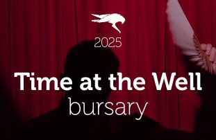 A shadow of a person against a red curtain. In the foreground is the text "Time at the Well bursary "