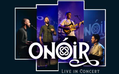 A graphic collage of the four members of Onoir against a dark blue background. At the front is the band logo in white. 