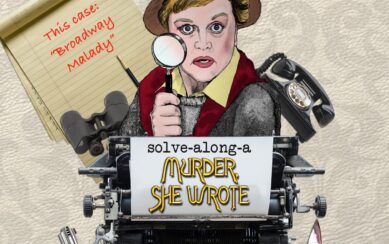 A drawing of Jessica Fletcher from the show Murder, She Wrote surrounded by a typewriter, a knife, a notepad page and a dial phone.