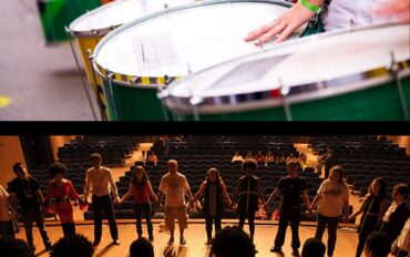 A collage of two photographs. On top a photo of a row of drums, on the bottom a photo of children in a circle on a theatre stage