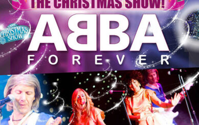 Image of musicians dressed as members of the band underneath the heading Abba Forever The Christmas Show