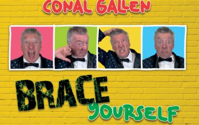 A poster for Conal Gallen's show Brace Yourself. A series of photos of Conal are lined up in the centre. 