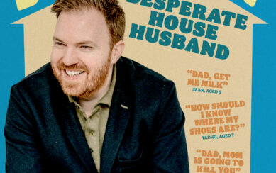A photograph of Bernard O'Shea with a graphic of a house and the title of the show "Desperate House Husband". 