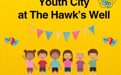 On a yellow background, an illustration of children. Above it the title Youth City at the Hawk's Well. 