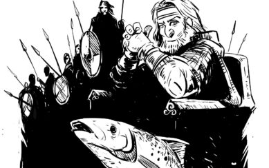 An ink drawing of Finn McCool, the salmon of truth and an army with spears