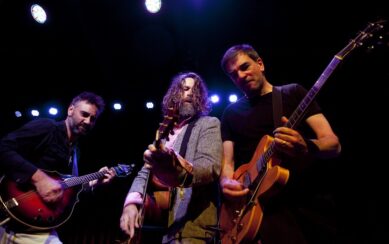 A photograph of the musicians from the Hothouse Flowers as they perform on stage.