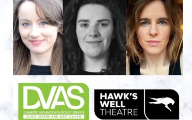 Portrait photographs of Miriam Needham, Sinead Sexton, and Fiona Maria Fitzpatrick. Below the photographs are the logos of DVAS and Hawk's Well Theatre