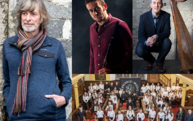 A collage of photographs of Sean Keane, Michael Rooney, Stephen Doherty and the children from the Ceol Na nOg orchestra. 