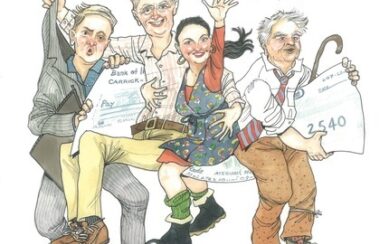 A caricature drawing of the Beezneez cast in their costumes from the play Pension Plan