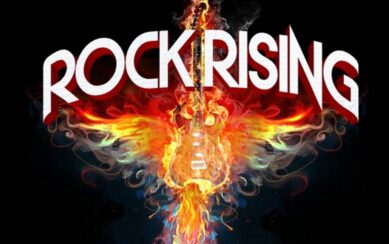 The poster for the show Rock Rising. At the top is the show title in stylized letters. At the centre of the image is an electric guitar surrounded by colourful flames which form the shape or a phoenix. 