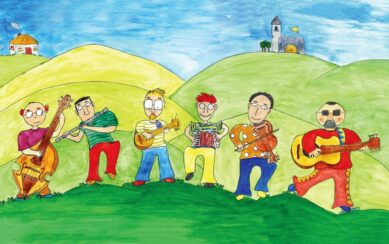 A child's drawing of The Speks performing outdoors on a grass surface. Behind them are hills with a church and a small house on top. 
