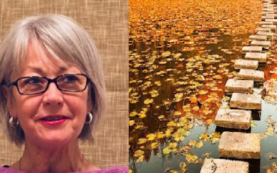 Split image of Ursula McHugh on the left and a photograph of stepping stones across water covered in autumn leaves on the right.