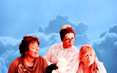 3 Marys looking down from above, framed by clouds 