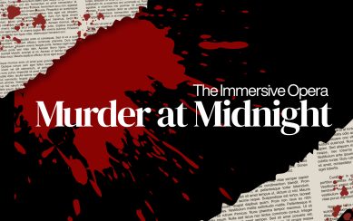 Title 'Murder at Midnight' in white letters over black image with blood splash and torn newspaper