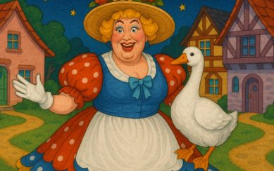 A cartoon illustration of Mother Goose holding a goose