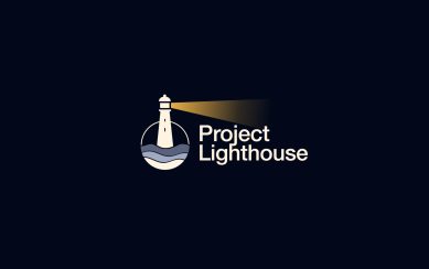 A graphic depiction of a lighthouse with a bright spotlight on a black background