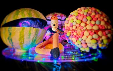 Colourful teddy bear sitting next to colourful plastic orbs