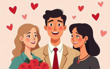 Animated image of a man in a suit smiling with two women either side of him and love hearts in the background