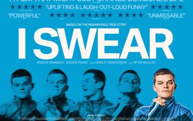 Poster of film I Swear with multiple images of the same man against a blue background 