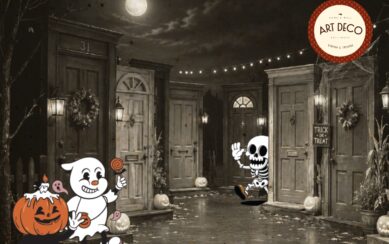 Graphic of a ghost and a skeleton in a haunted house 