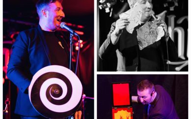 Collage of Colm Dawson performing magic tricks