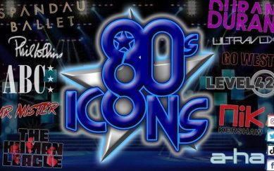 A poster featuring the title "80s Icons" in 3D style blue letters with a silver star behind them. The title is surrounded by names of acts whose music is featured in the show: Spandau Ballet, Phil Collins, ABC, Mr Mister The Human League, Duran Duran, Ultravox, Go West, Level 42, Nik Kershaw, and a-ha.