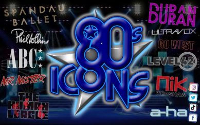 A poster featuring the title "80s Icons" in 3D style blue letters with a silver star behind them. The title is surrounded by names of acts whose music is featured in the show: Spandau Ballet, Phil Collins, ABC, Mr Mister The Human League, Duran Duran, Ultravox, Go West, Level 42, Nik Kershaw, and a-ha. 