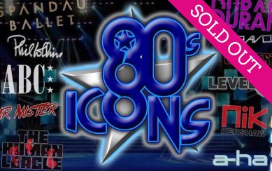 A poster featuring the title "80s Icons" in 3D style blue letters with a silver star behind them. The title is surrounded by names of acts whose music is featured in the show: Spandau Ballet, Phil Collins, ABC, Mr Mister The Human League, Duran Duran, Ultravox, Go West, Level 42, Nik Kershaw, and a-ha.