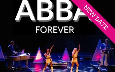 Image of musicians dressed as members of the band underneath the heading Abba Forever