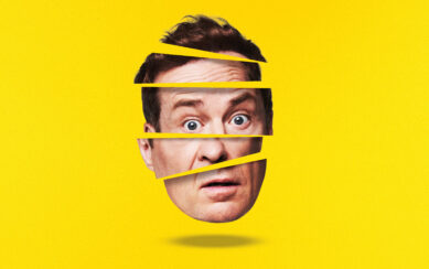 A man’s face is cut into a few horizontal pieces on a bright yellow background.