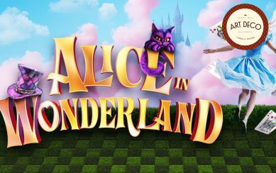 Poster for Alice in Wonderland featuring Alice, the Cheshire Cat, and a castle.