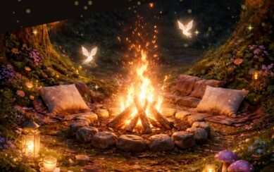 A bonfire with fairies around it