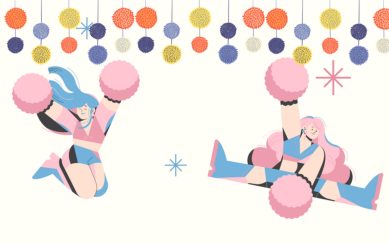 Two cheerful cheerleaders jumping with pink pom-poms and decorations above.