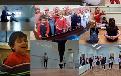 Collage of children doing different activities in a gymnasium