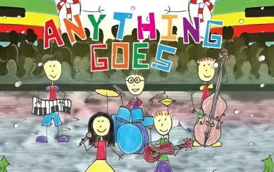 A children's drawing of the band Anything Goes performing on stage