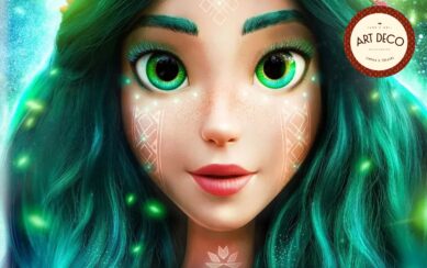 A cartoon-style depiction of Mavka, the mythical Ukrainian forest spirit 