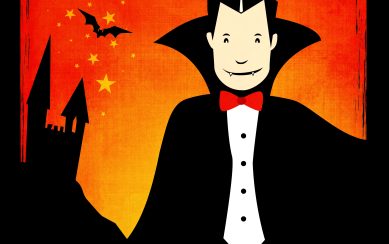 a cartoonish vampire figure with slicked-back hair and a red bow tie 