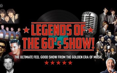 An image featuring the title "Legends of the 60s Show" in bold red letters. On the sides are photographs of various 60s musicians.