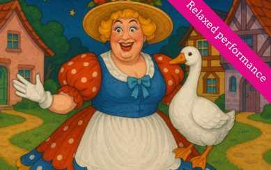 A cartoon illustration of Mother Goose holding a goose